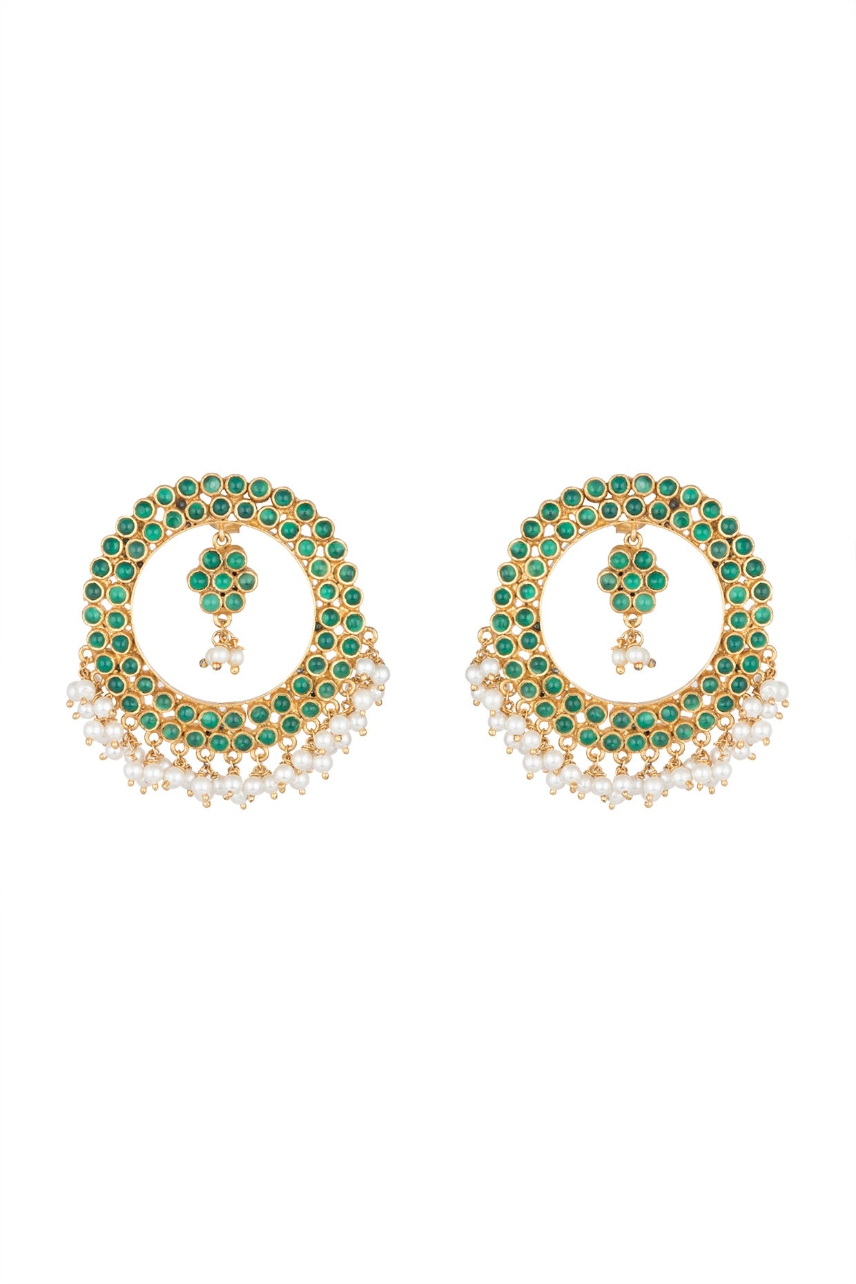 Antique Gold Finish Green Stone & Pearl Round Earrings