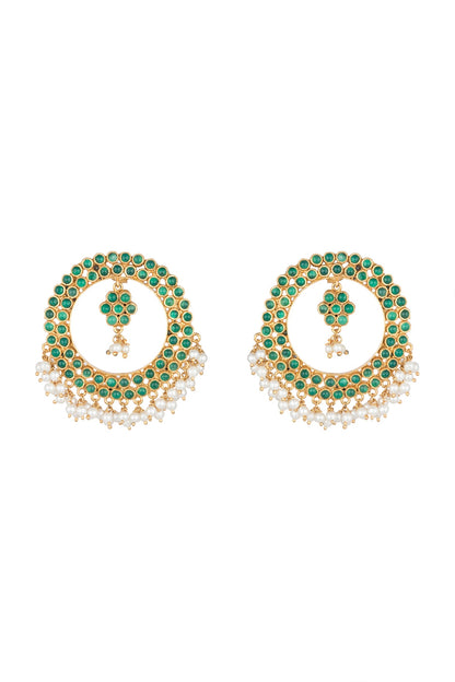Antique Gold Finish Green Stone & Pearl Round Earrings