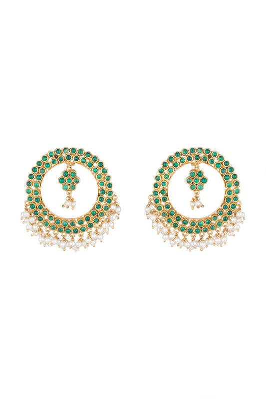 Antique Gold Finish Green Stone & Pearl Round Earrings