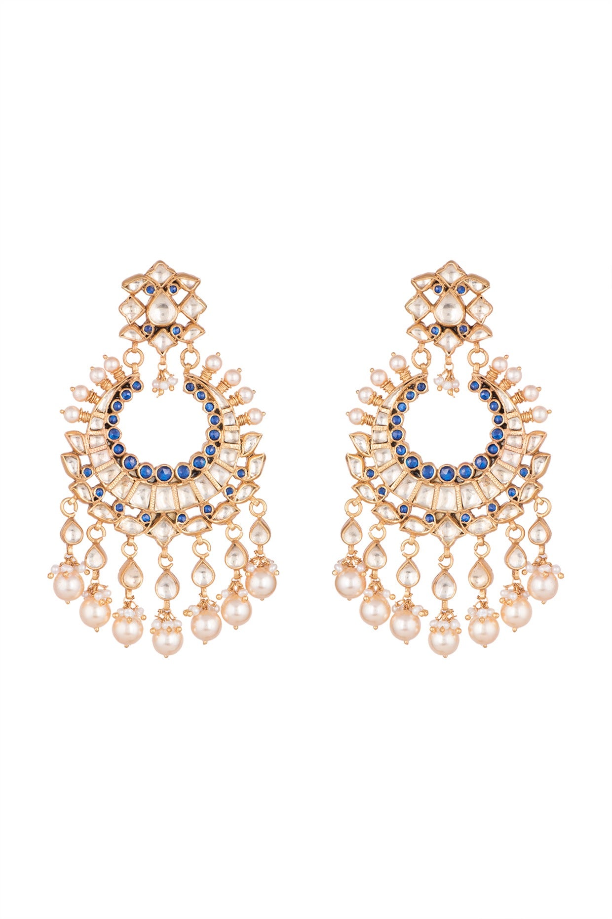 Gold Finish Blue Zircon & Pearl Chandbali Earrings