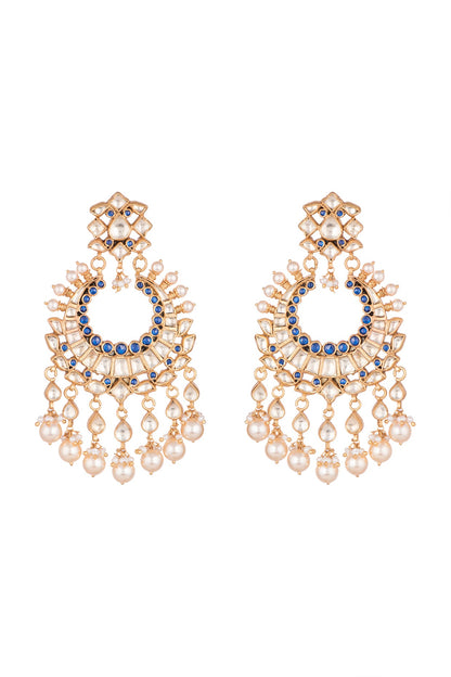 Gold Finish Blue Zircon & Pearl Chandbali Earrings