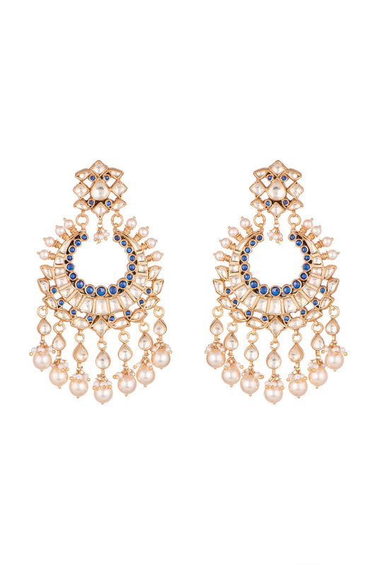 Gold Finish Blue Zircon & Pearl Chandbali Earrings