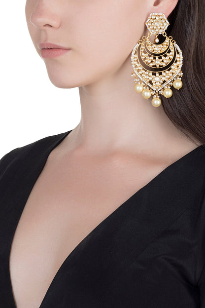 Gold Finish Kundan & Pearl Long Earrings