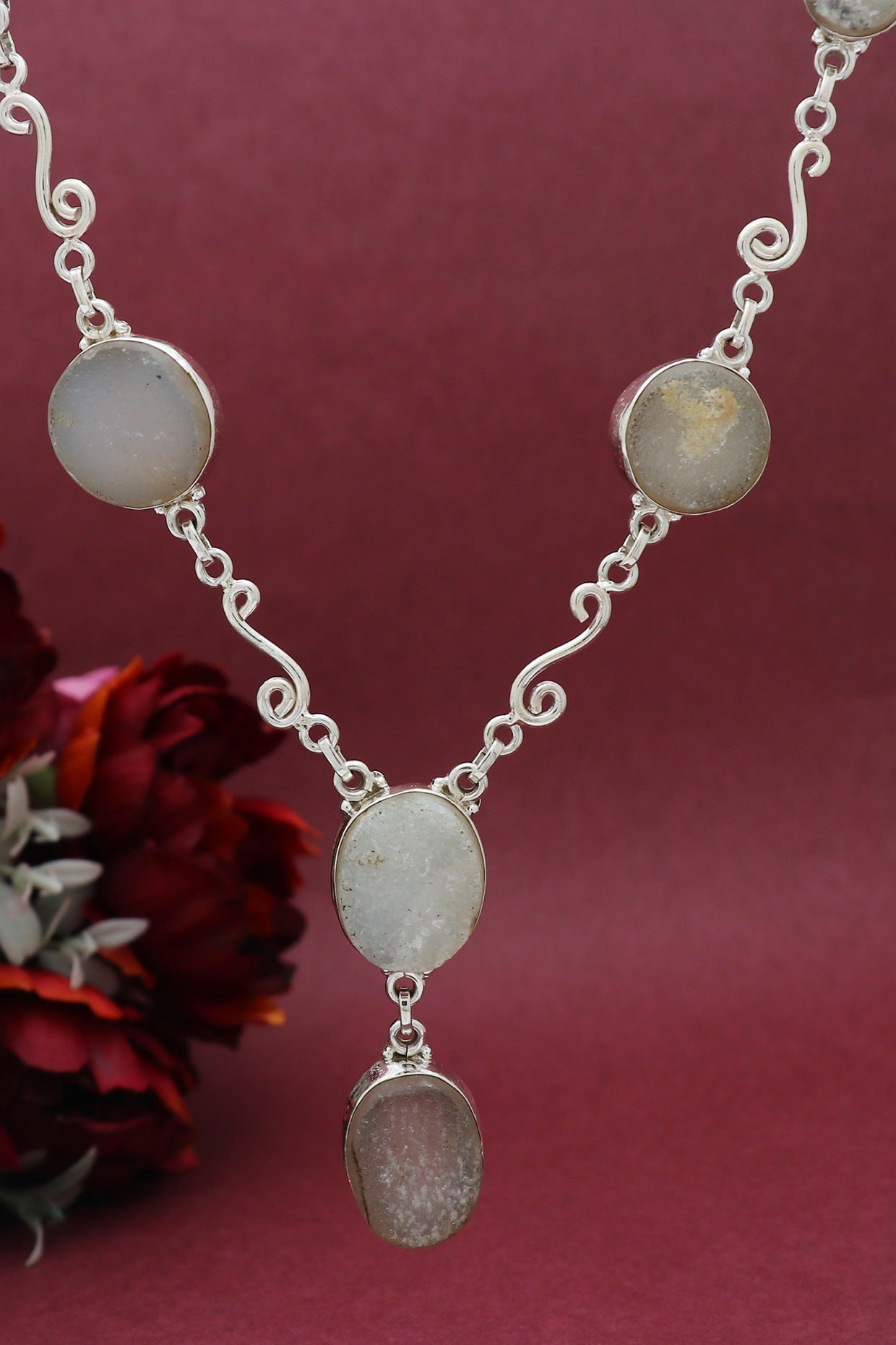 White Finish Semi-Precious Stone Necklace In Sterling Silver