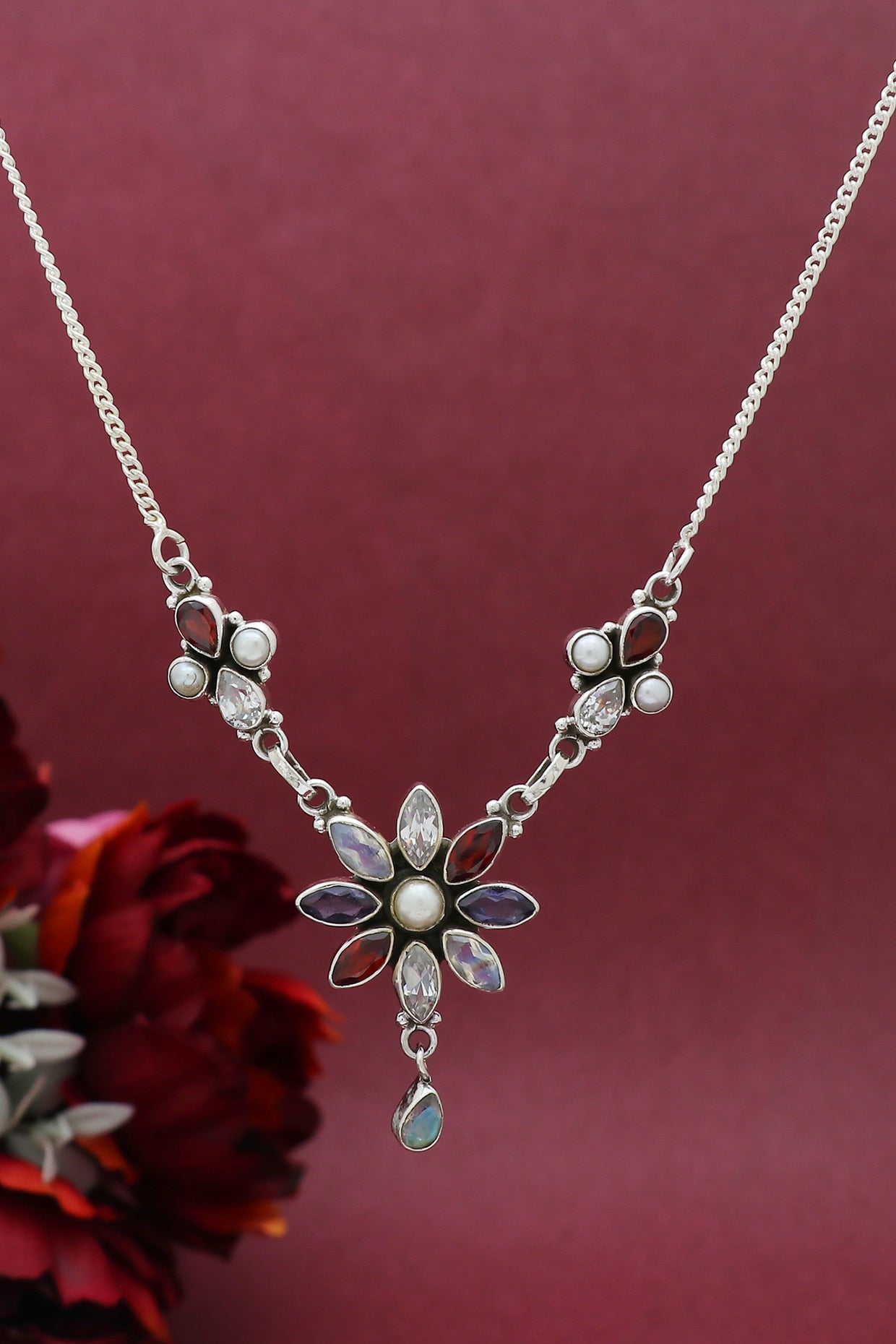 White Finish Semi-Precious Stone Necklace In Sterling Silver