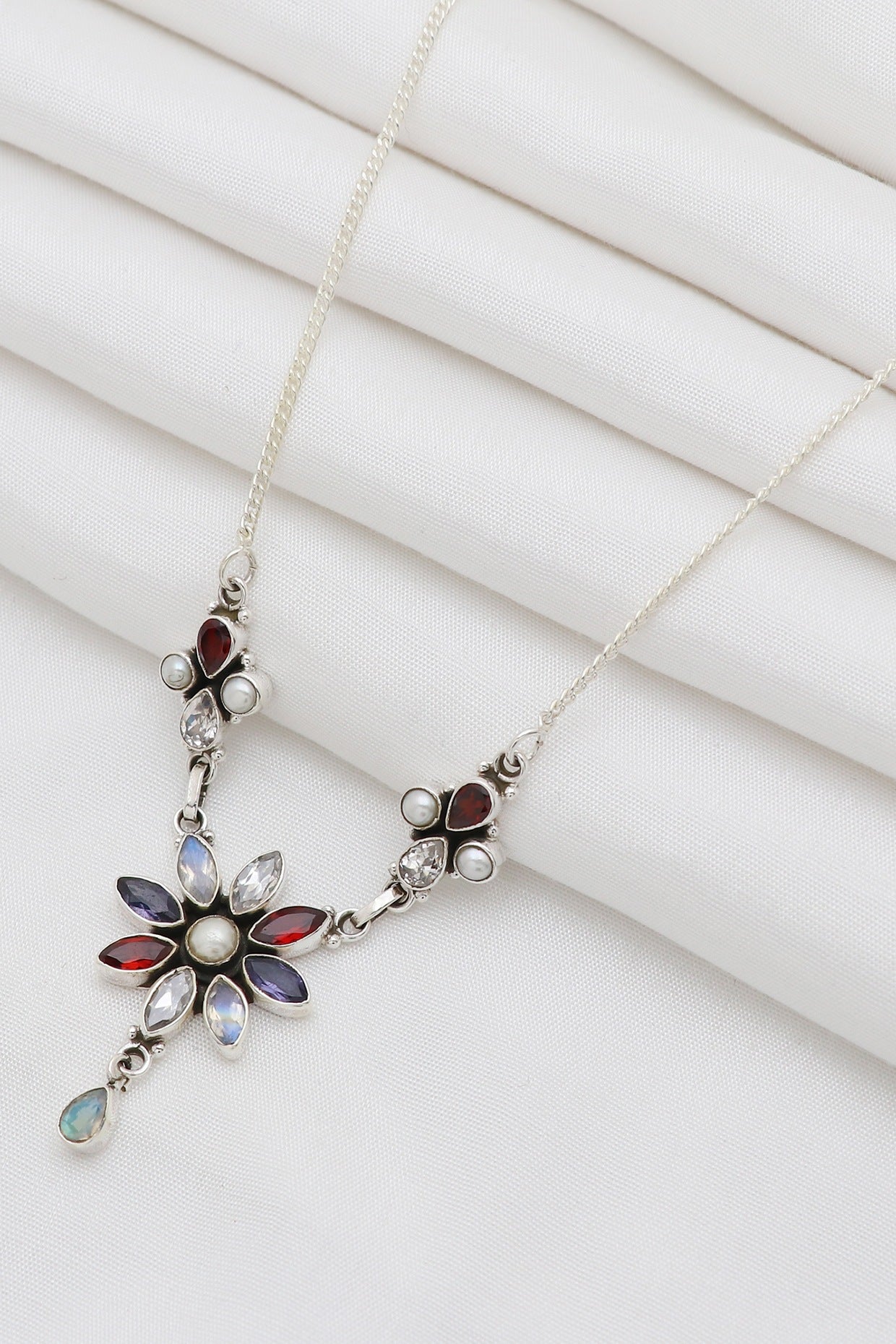 White Finish Semi-Precious Stone Necklace In Sterling Silver