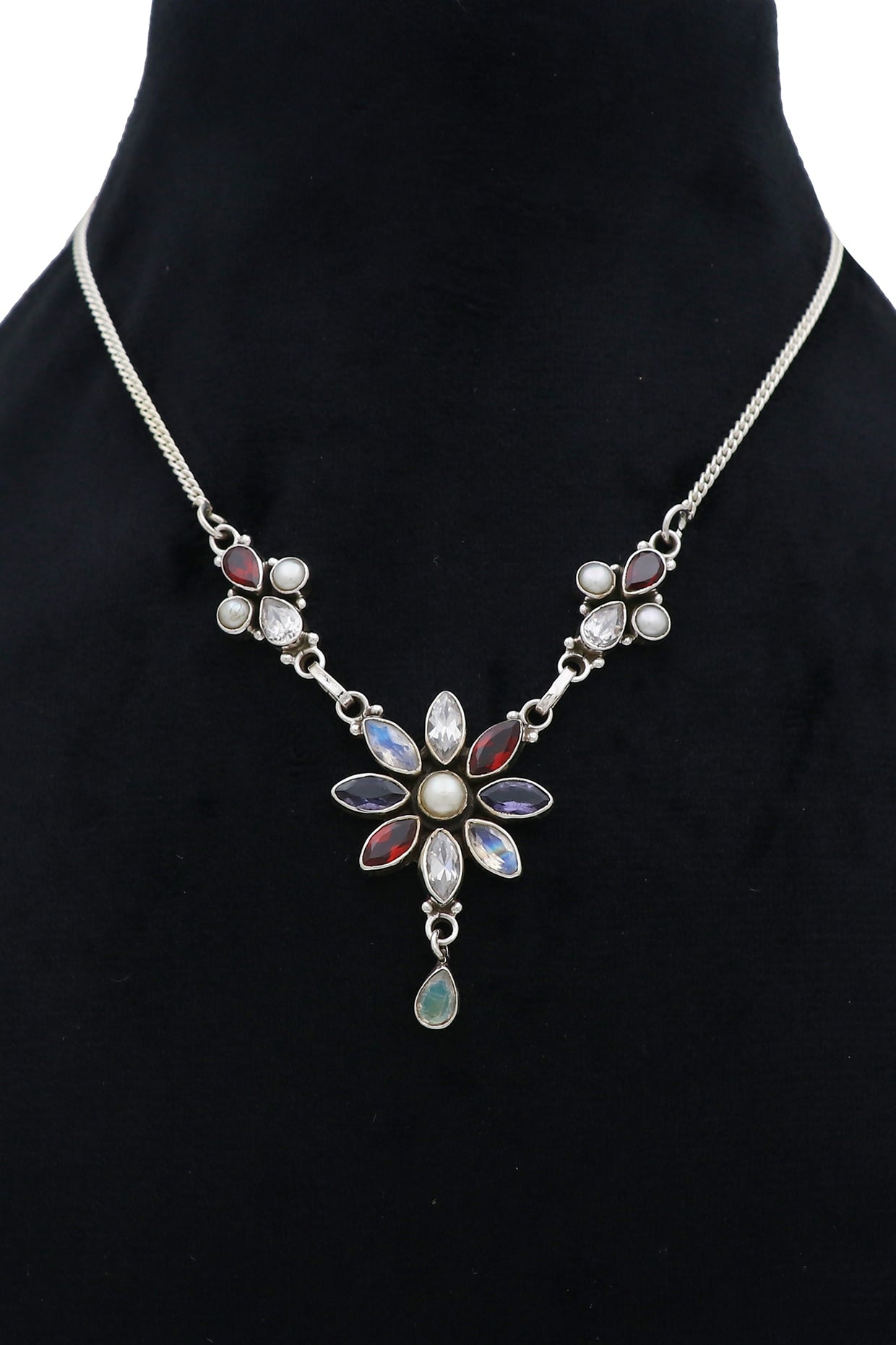 White Finish Semi-Precious Stone Necklace In Sterling Silver