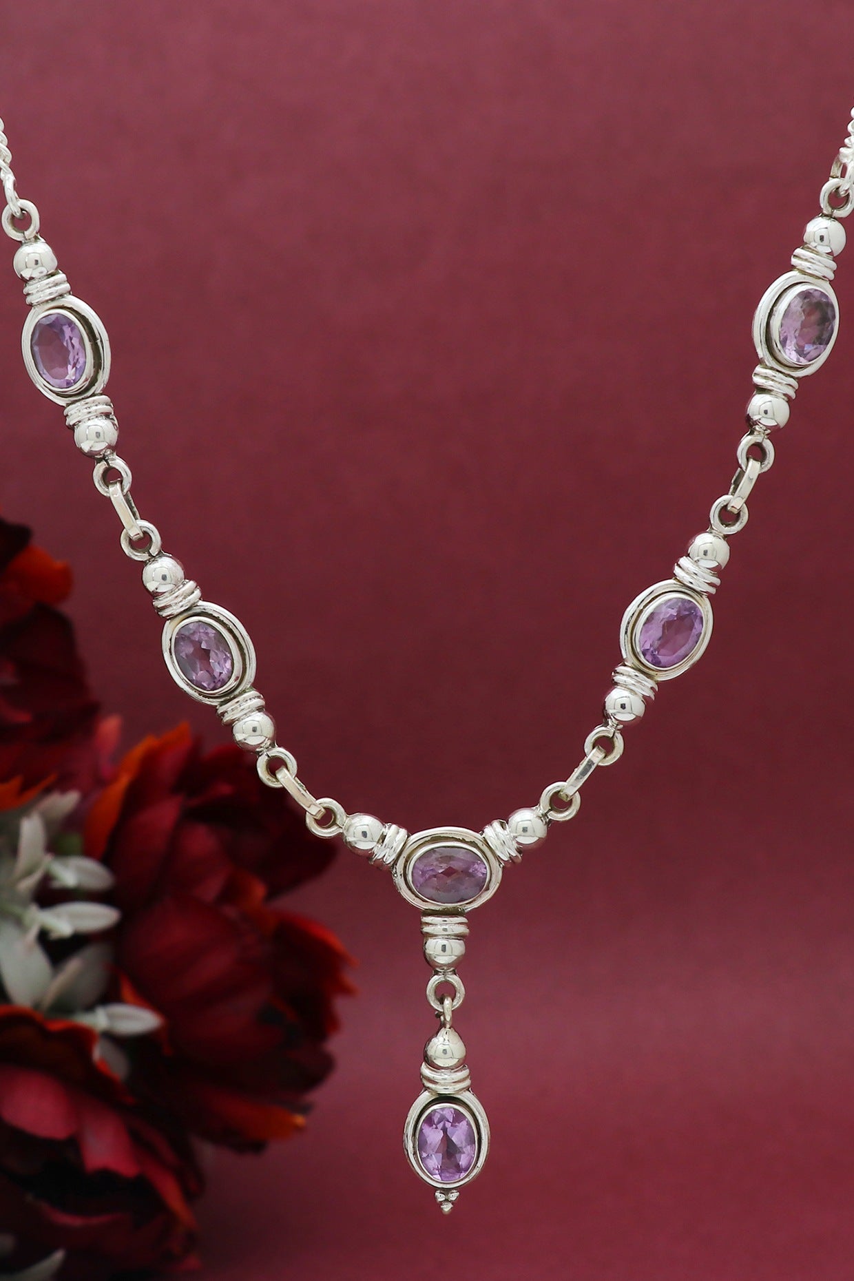 White Finish Semi-Precious Stone Necklace In Sterling Silver