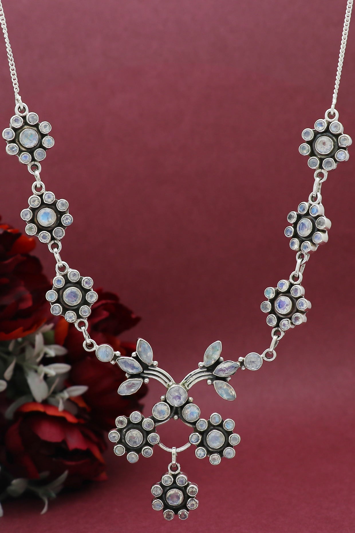 White Finish Semi-Precious Stone Necklace In Sterling Silver