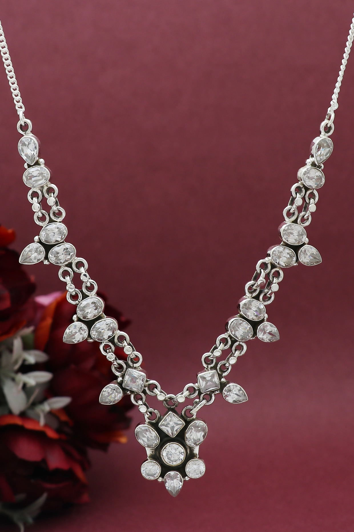 White Finish Semi-Precious Stone Necklace In Sterling Silver