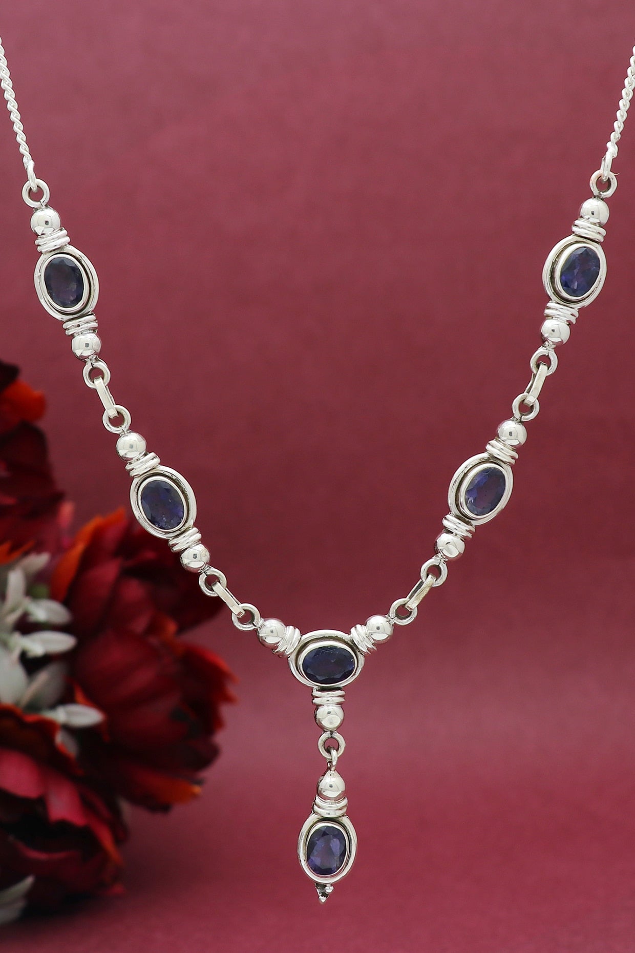 White Finish Semi-Precious Stone Necklace In Sterling Silver