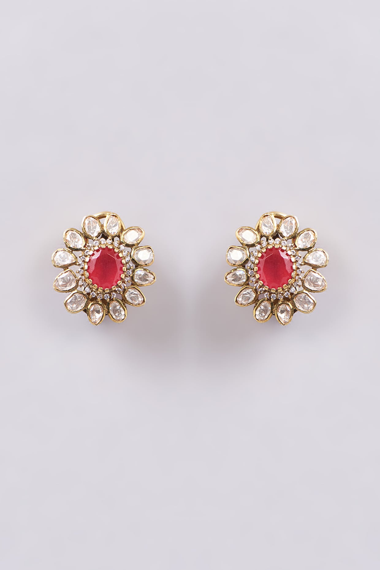 Gold Finish Polki & Red Stone Floral Stud Earrings In Sterling Silver