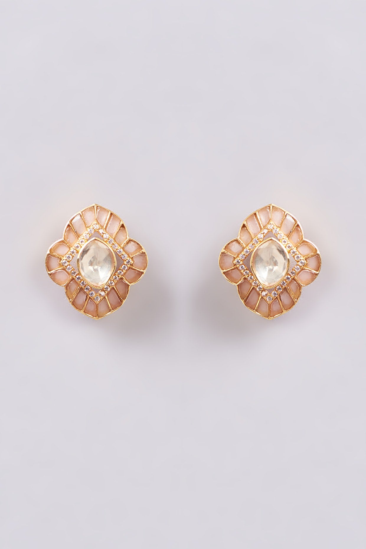 Gold Finish Baby Pink Synthetic Stone Stud Earrings In Sterling Silver