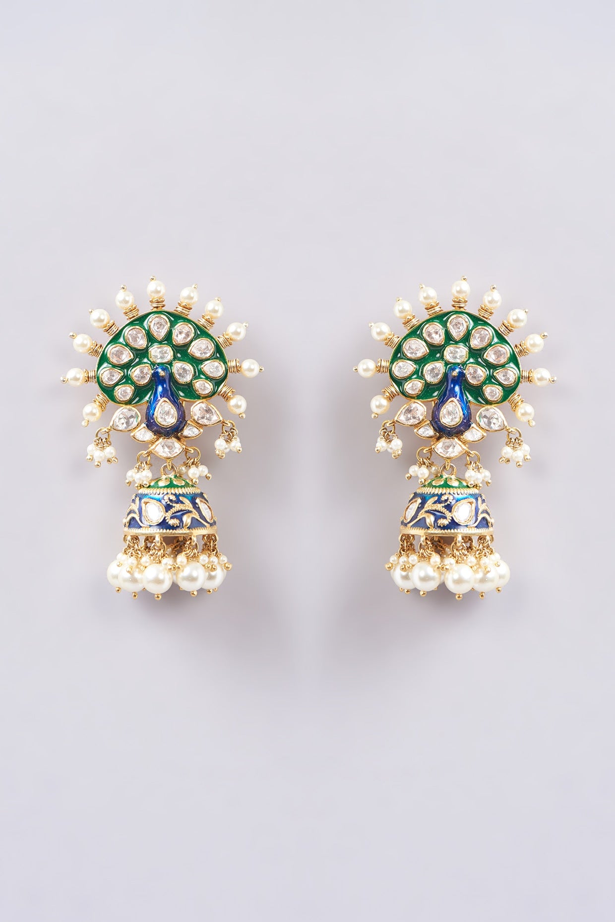 Gold Plated Kundan Polki & Blue Stone Chandbali Earrings In Sterling Silver