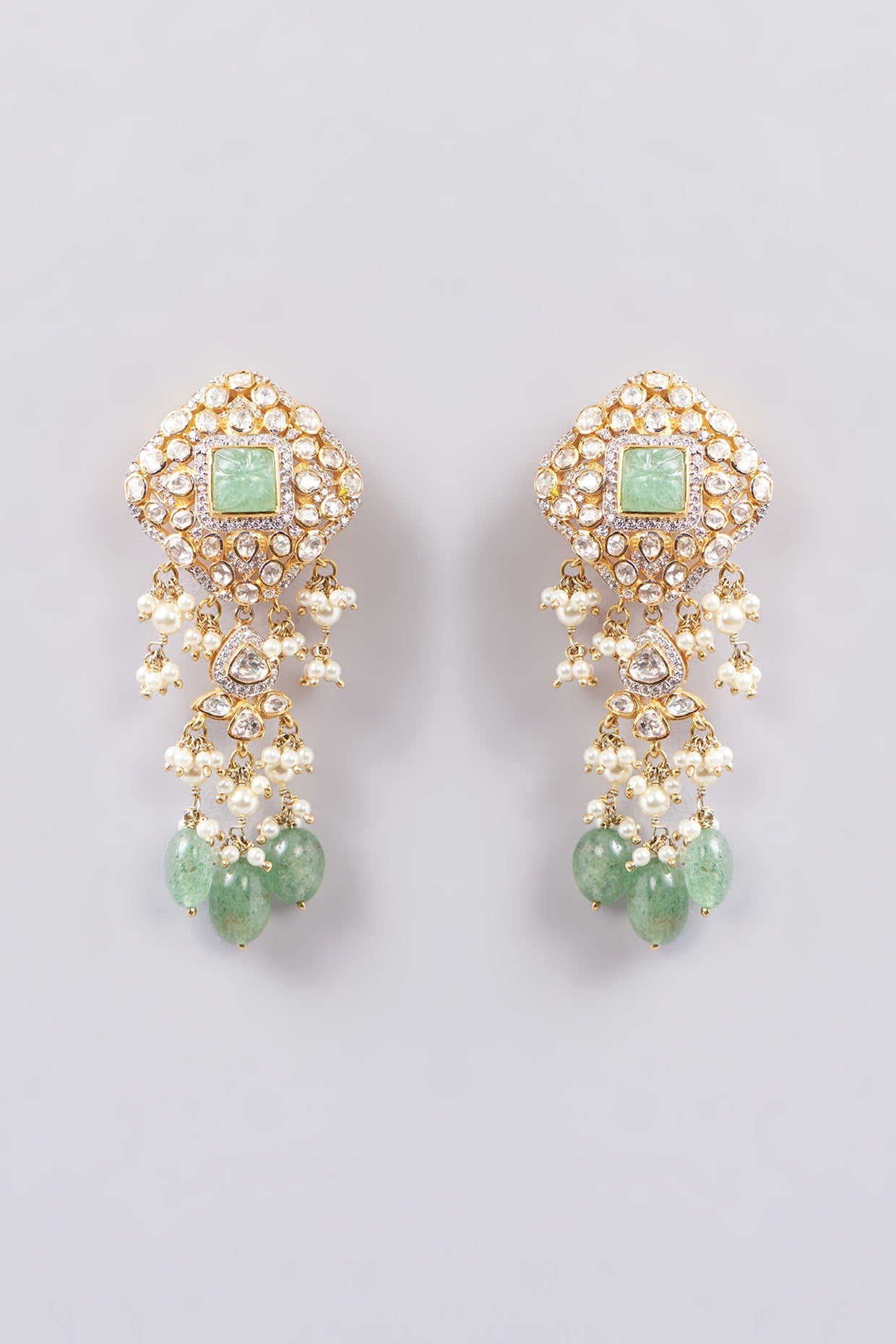 Gold Finish Kundan Polki & Pearl Jhumka Earrings In Sterling Silver