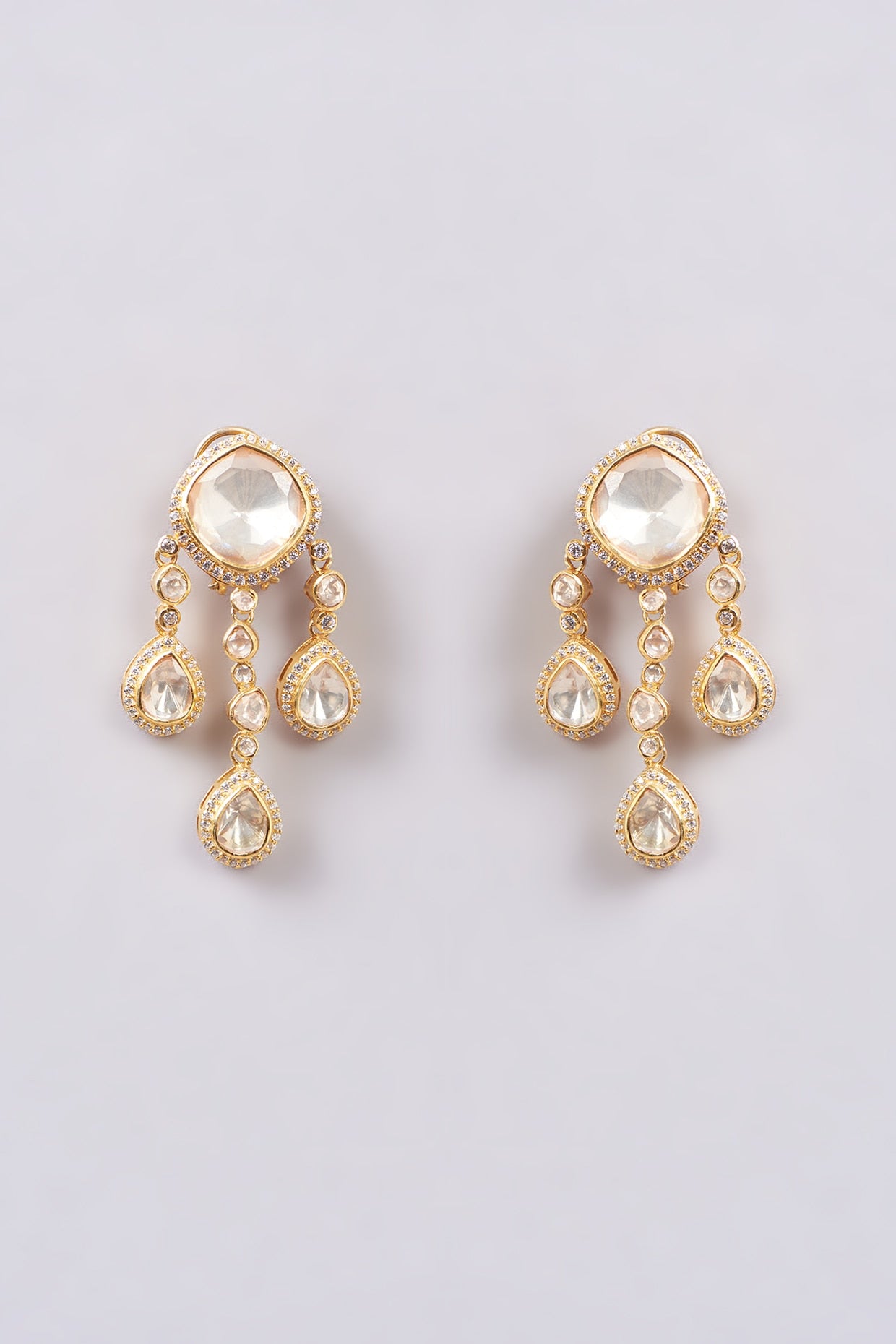 Gold Finish White Synthetic Stone Dangler Earrings In Sterling Silver