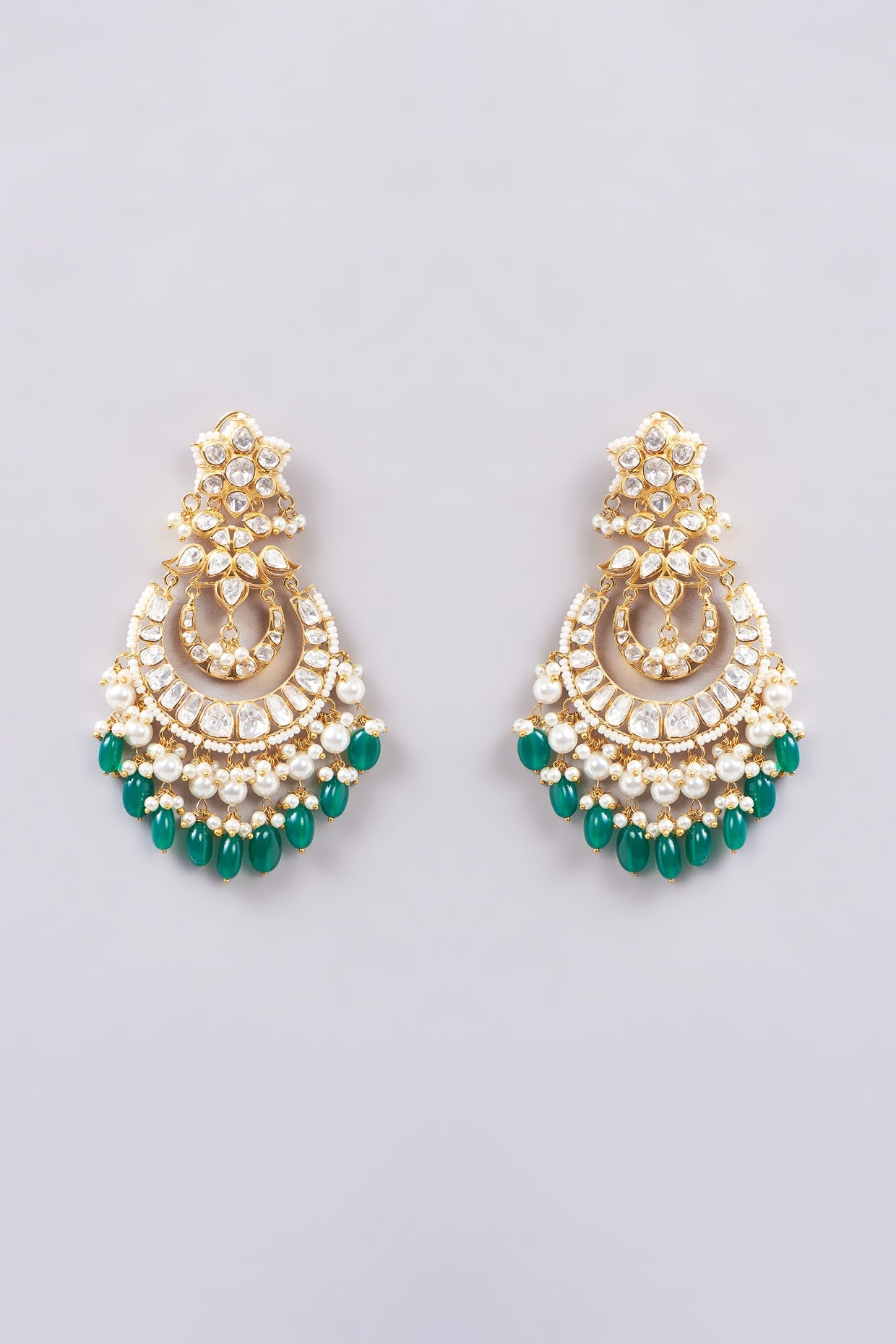 Gold Finish Kundan Polki & Green Stones Chandbali Earrings In Sterling Silver