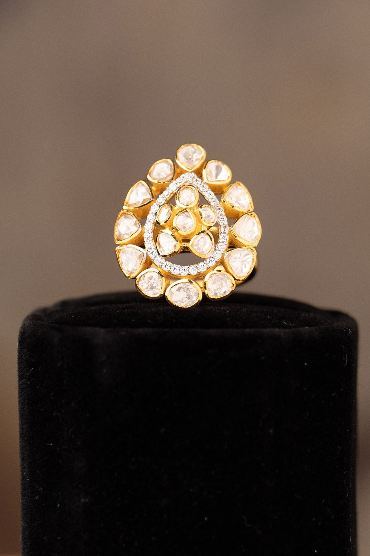 Gold Finish Kundan Polki Adjustable Ring In Sterling Silver