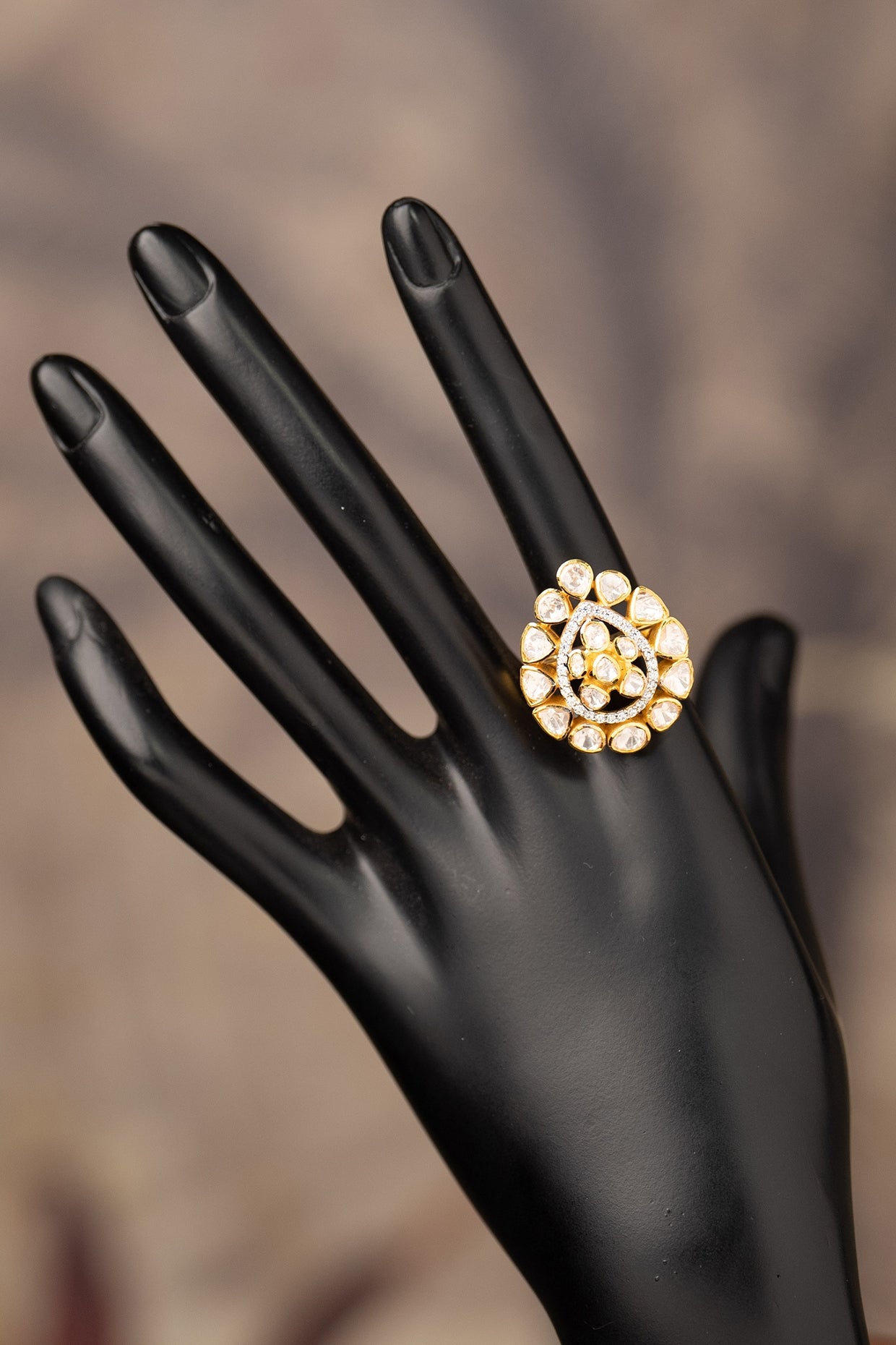 Gold Finish Kundan Polki Adjustable Ring In Sterling Silver