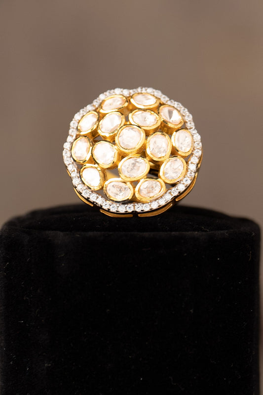 Gold Finish Kundan Polki Adjustable Ring In Sterling Silver