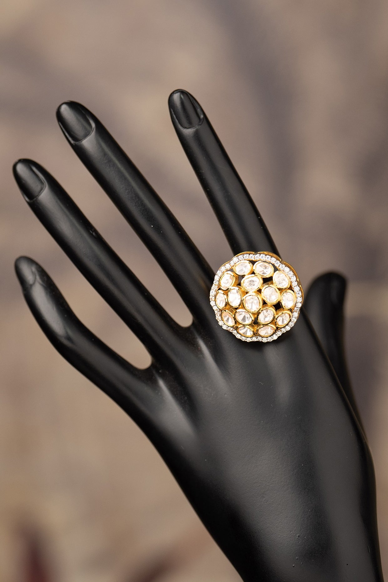 Gold Finish Kundan Polki Adjustable Ring In Sterling Silver