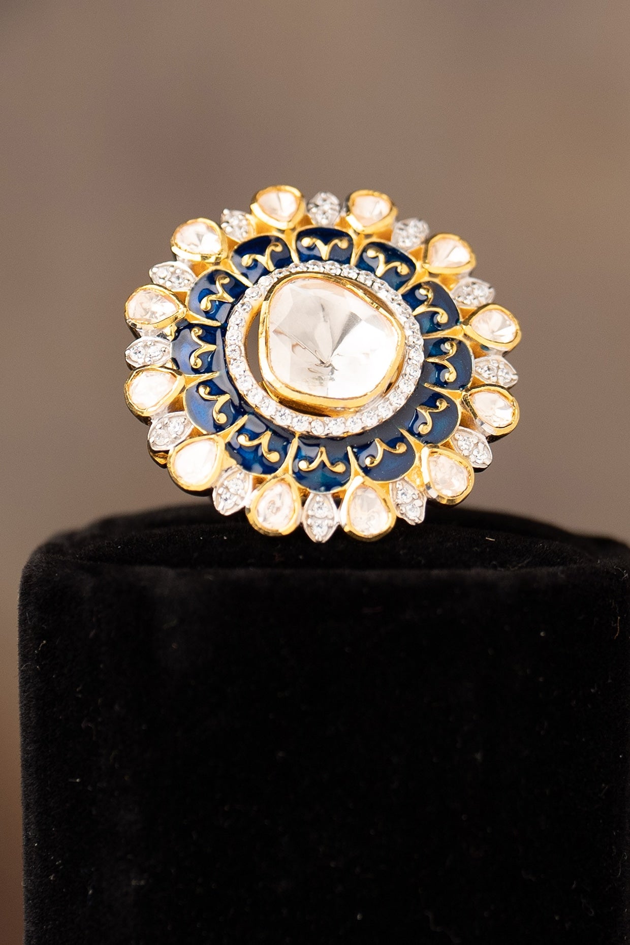 Gold Finish Kundan Polki Adjustable Ring In Sterling Silver