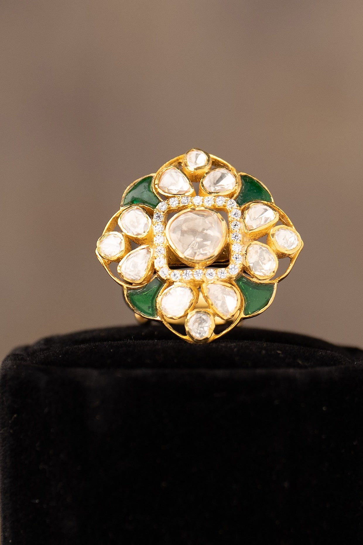 Gold Finish Kundan Polki Adjustable Ring In Sterling Silver