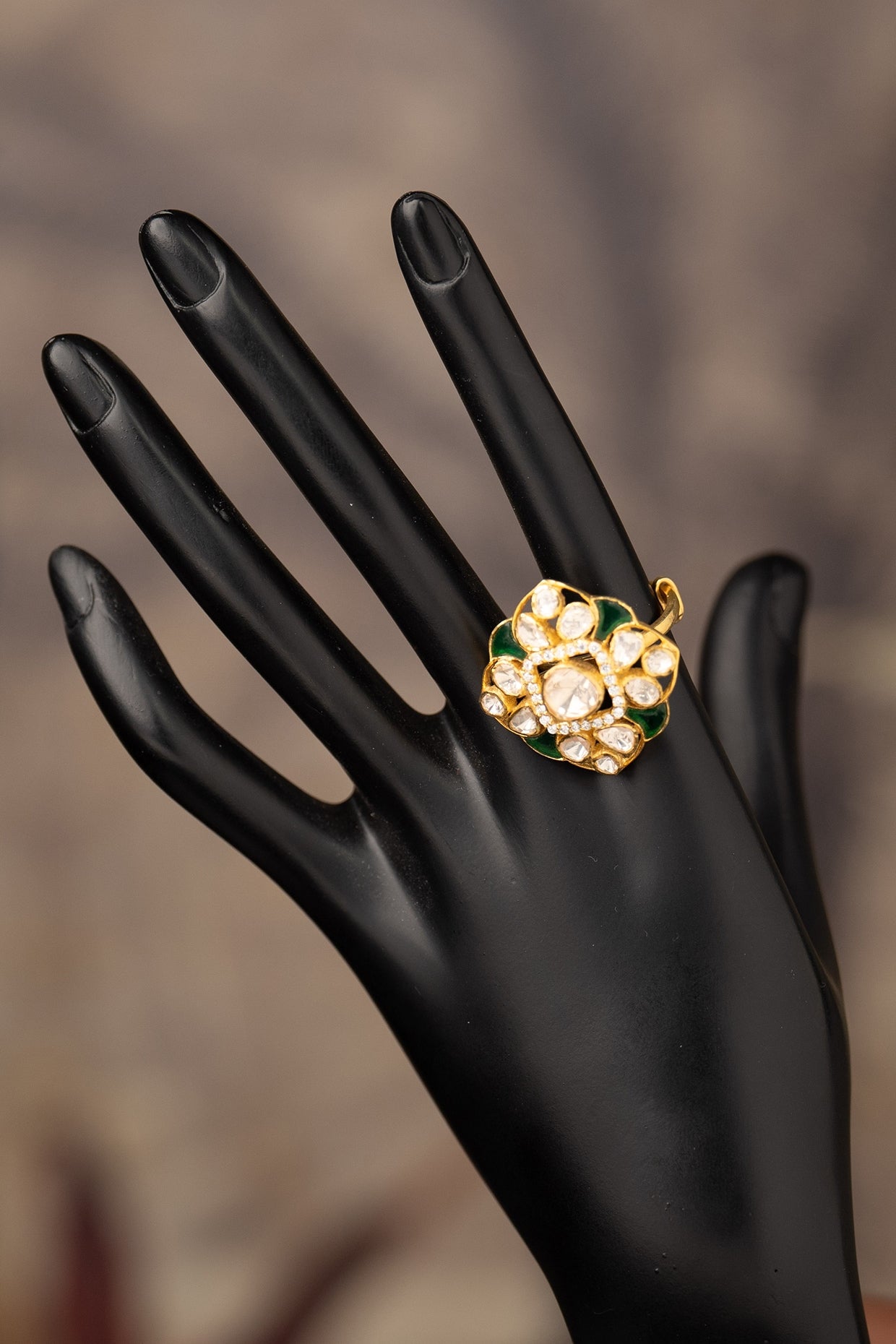 Gold Finish Kundan Polki Adjustable Ring In Sterling Silver