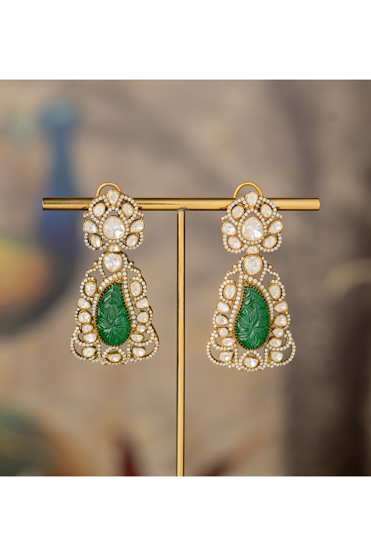 Gold Finish Stone Floral Jhumka Earrings In Sterling Silver