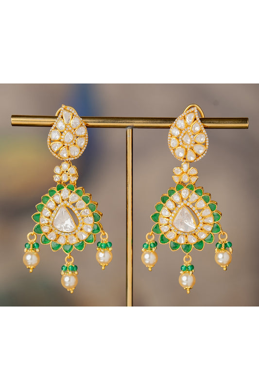 Gold Finish Kundan Polki Dangler Earrings In Sterling Silver