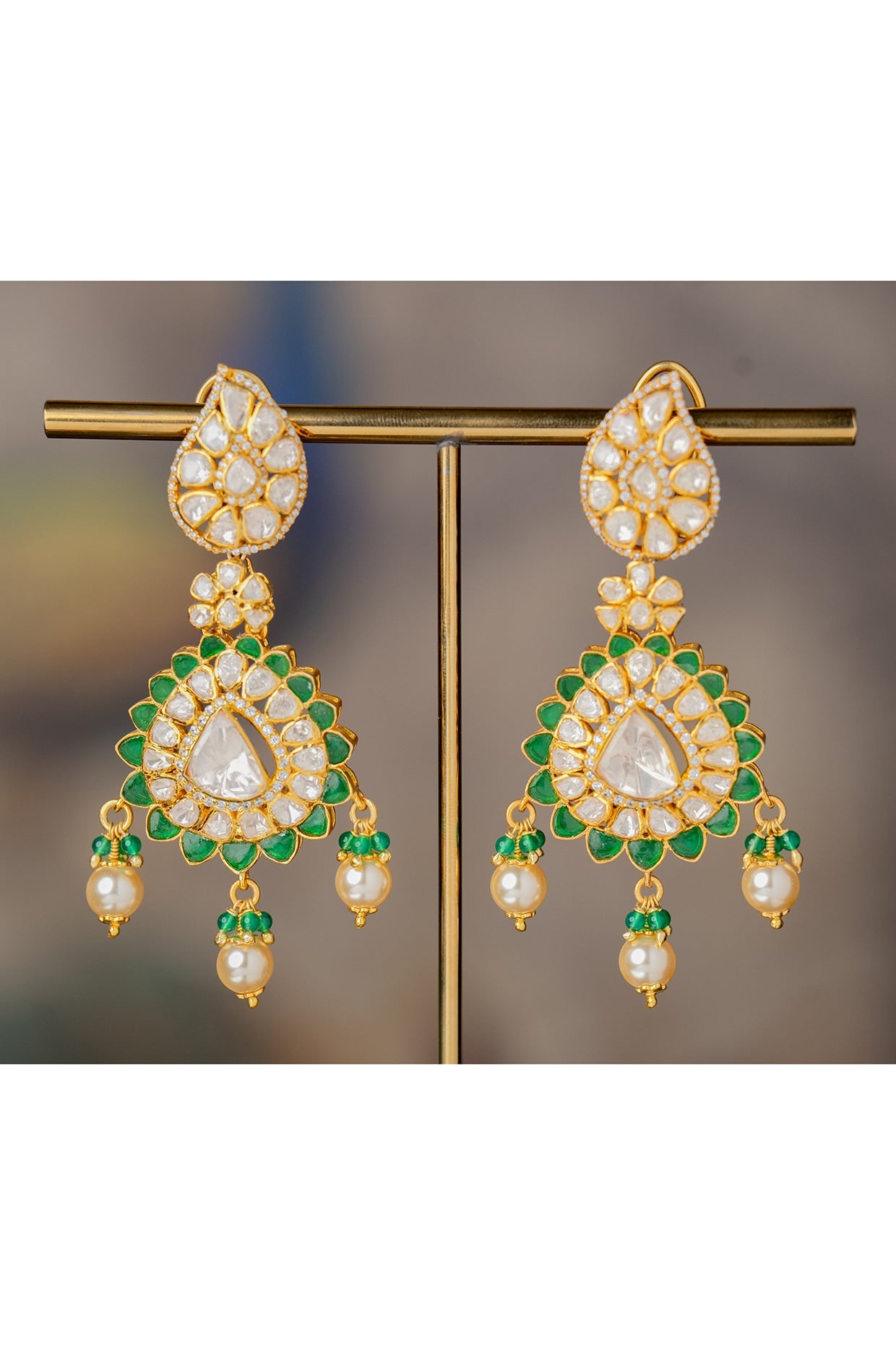 Gold Finish Kundan Polki Dangler Earrings In Sterling Silver