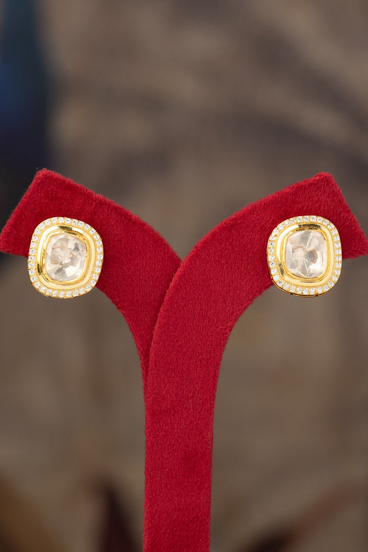 Gold Finish Kundan Polki Stud Earrings In Sterling Silver