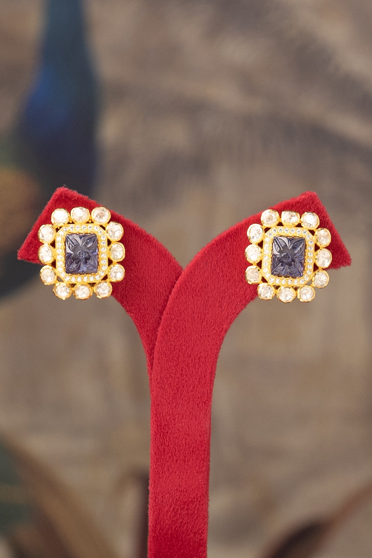 Gold Finish Kundan Polki Stud Earrings In Sterling Silver