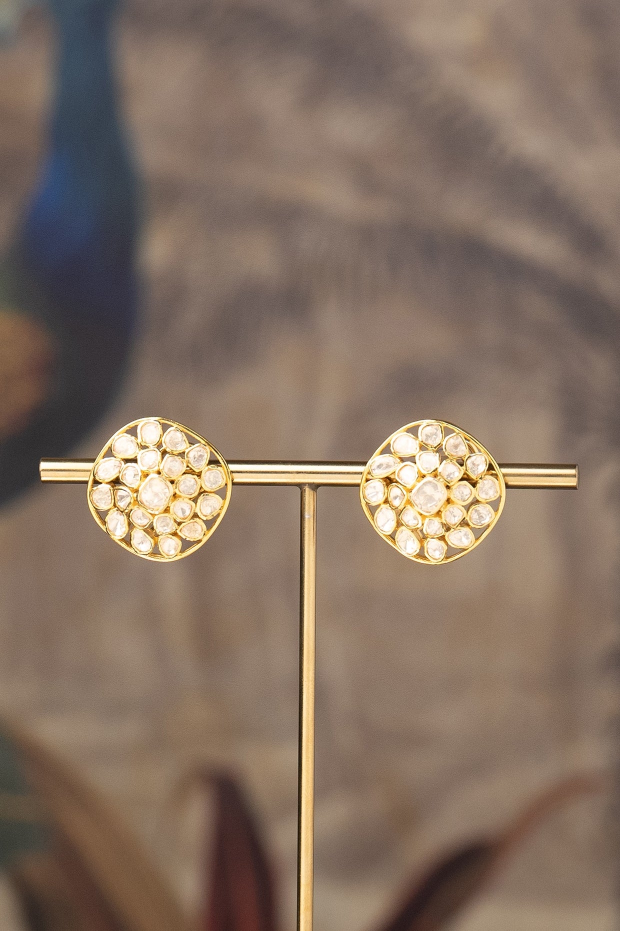 Gold Finish Kundan Polki Rabia Stud Earrings In Sterling Silver