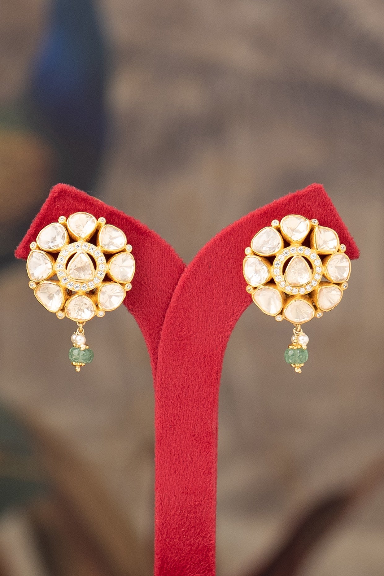 Gold Finish Kundan Polki Wafa Stud Earrings In Sterling Silver