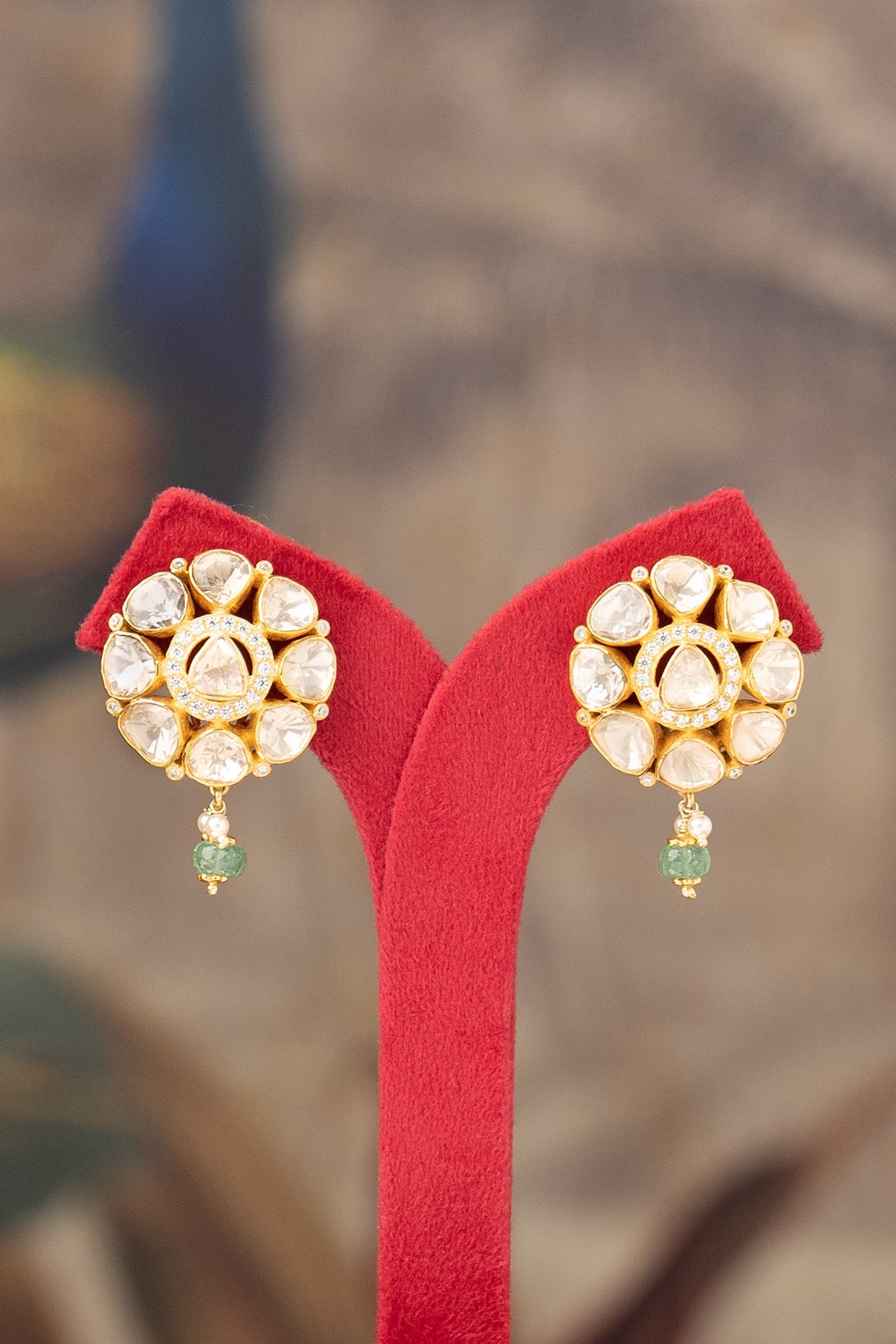 Gold Finish Kundan Polki Wafa Stud Earrings In Sterling Silver