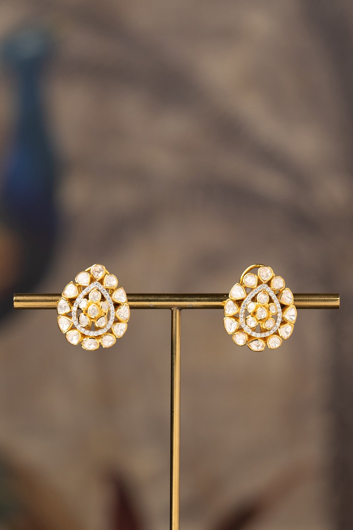 Gold Finish Kundan Polki Stud Earrings In Sterling Silver