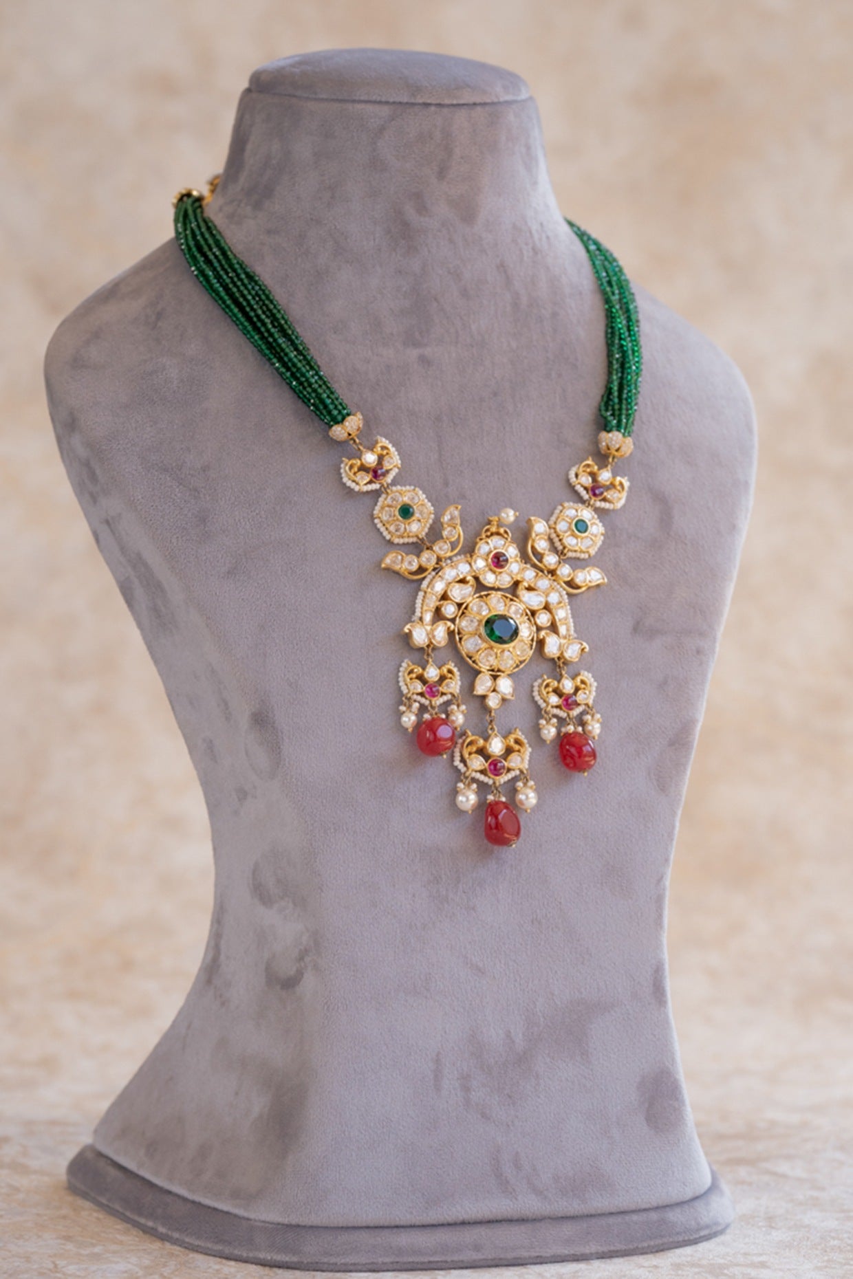 Gold Plated Moissanite Polki & Synthetic Stone Beaded Long Necklace