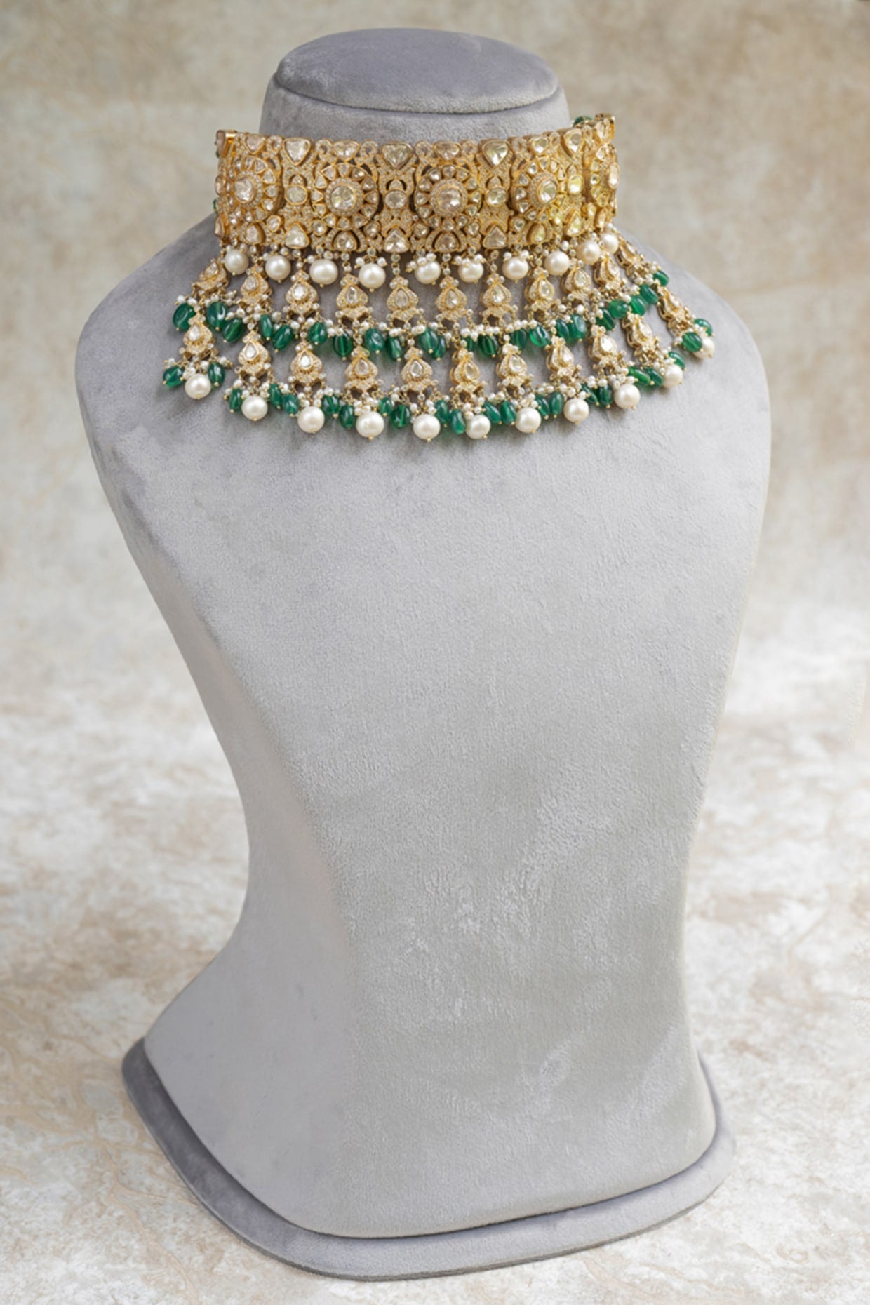 Gold Plated Moissanite Polki & Green Pearl Beaded Choker Necklace