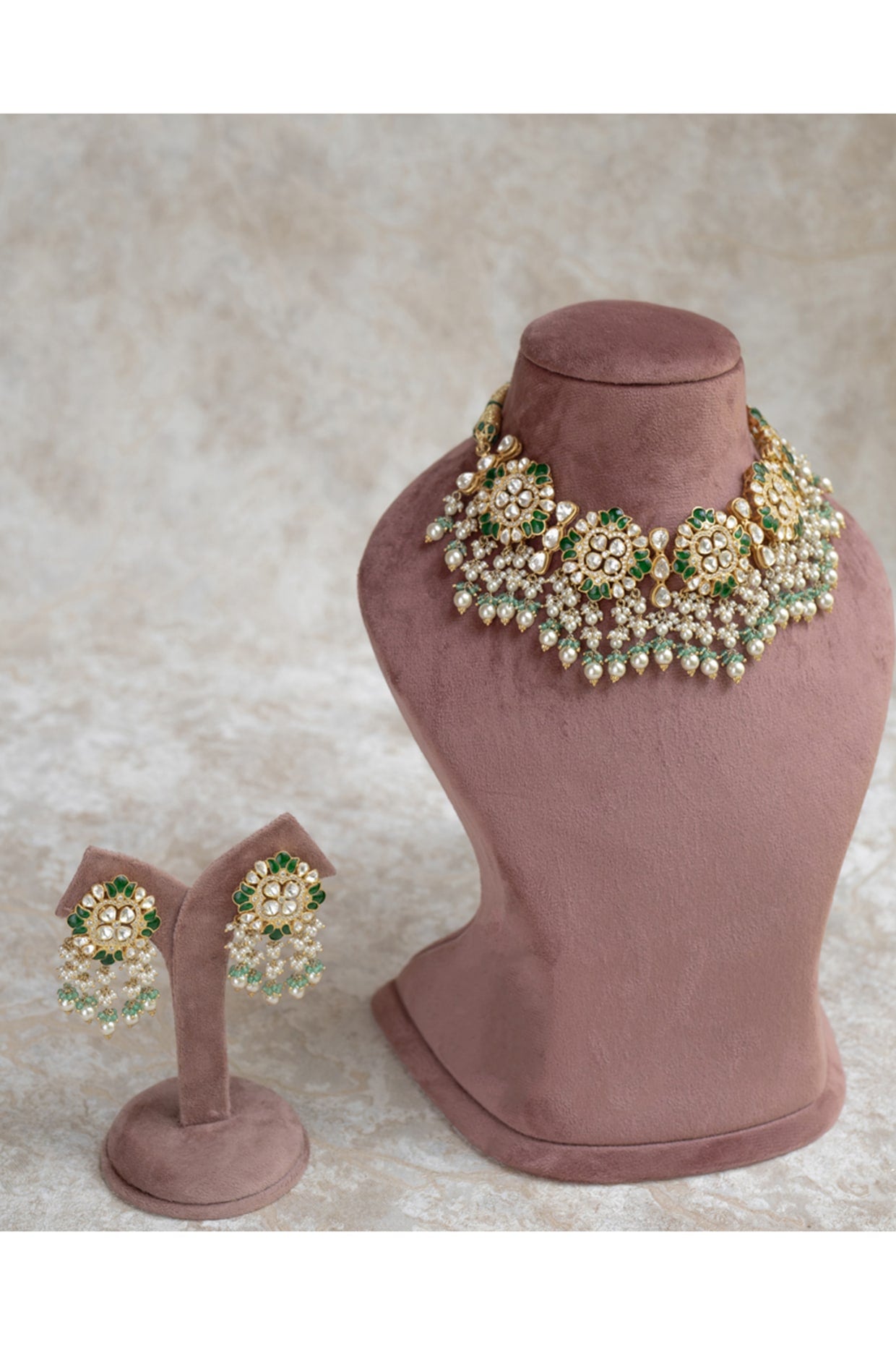 Gold Plated Moissanite Polki & Green Glass Beaded Enameled Choker Necklace Set In Sterling Silver