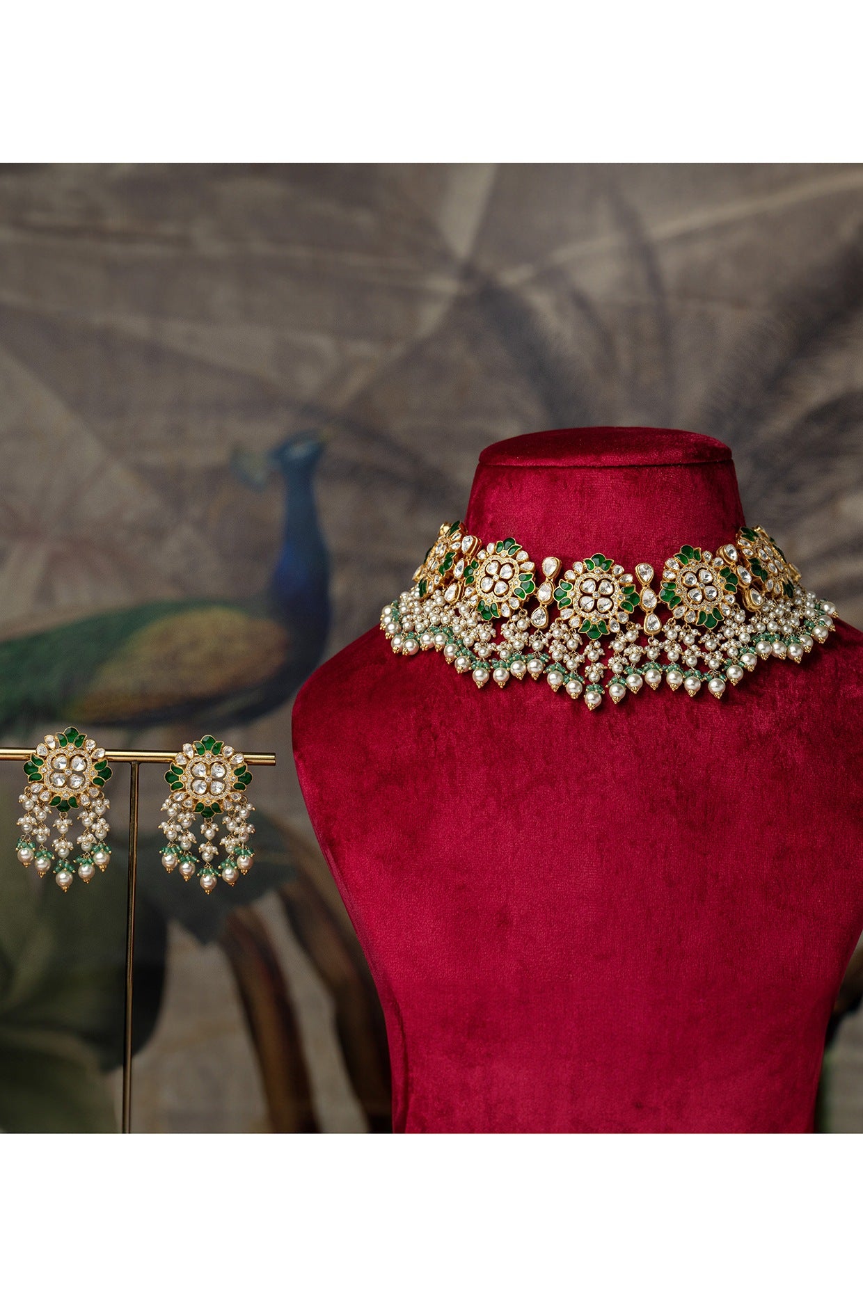 Gold Plated Moissanite Polki & Green Glass Beaded Enameled Choker Necklace Set In Sterling Silver