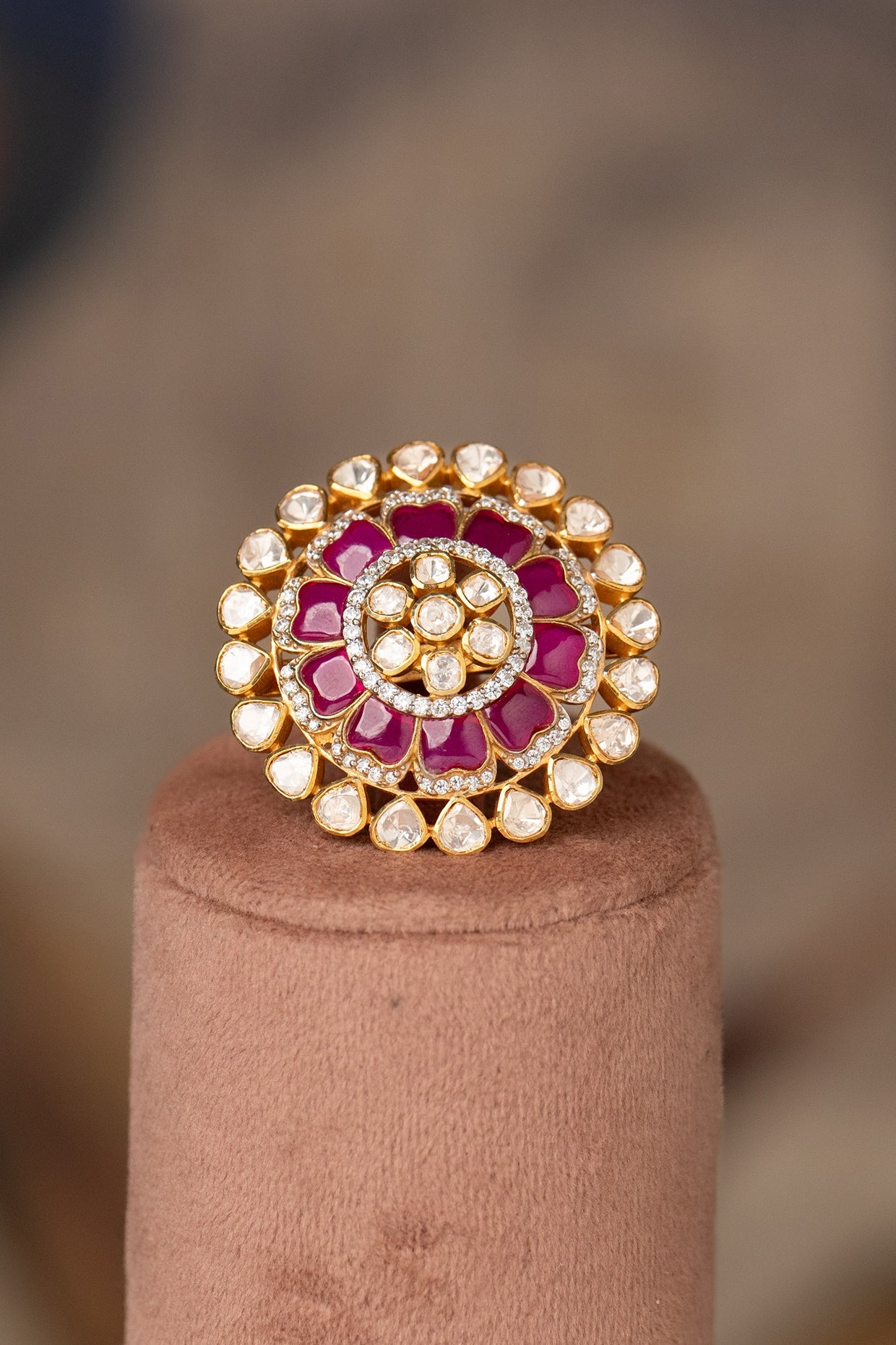 Gold Plated Kundan Polki & Ruby Stone Ring In Sterling Silver