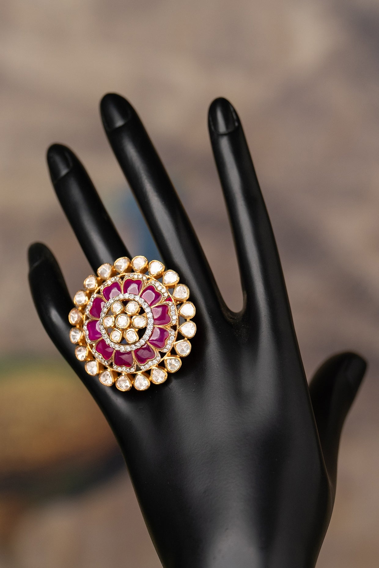 Gold Plated Kundan Polki & Ruby Stone Ring In Sterling Silver