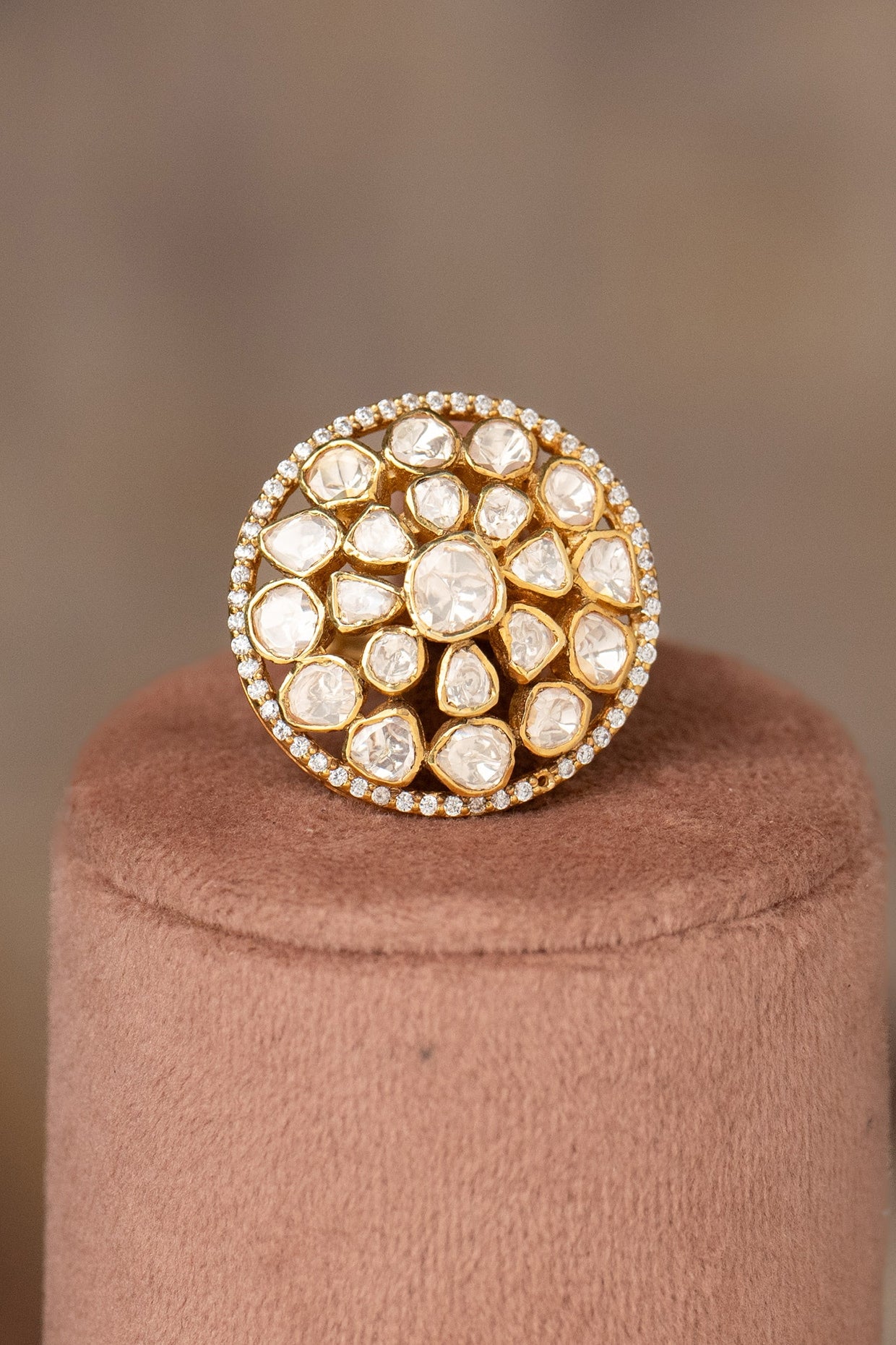 Gold Plated Kundan Polki Ring In Sterling Silver