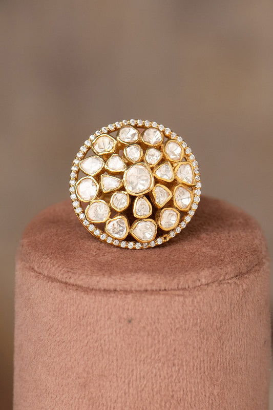 Gold Plated Kundan Polki Ring In Sterling Silver