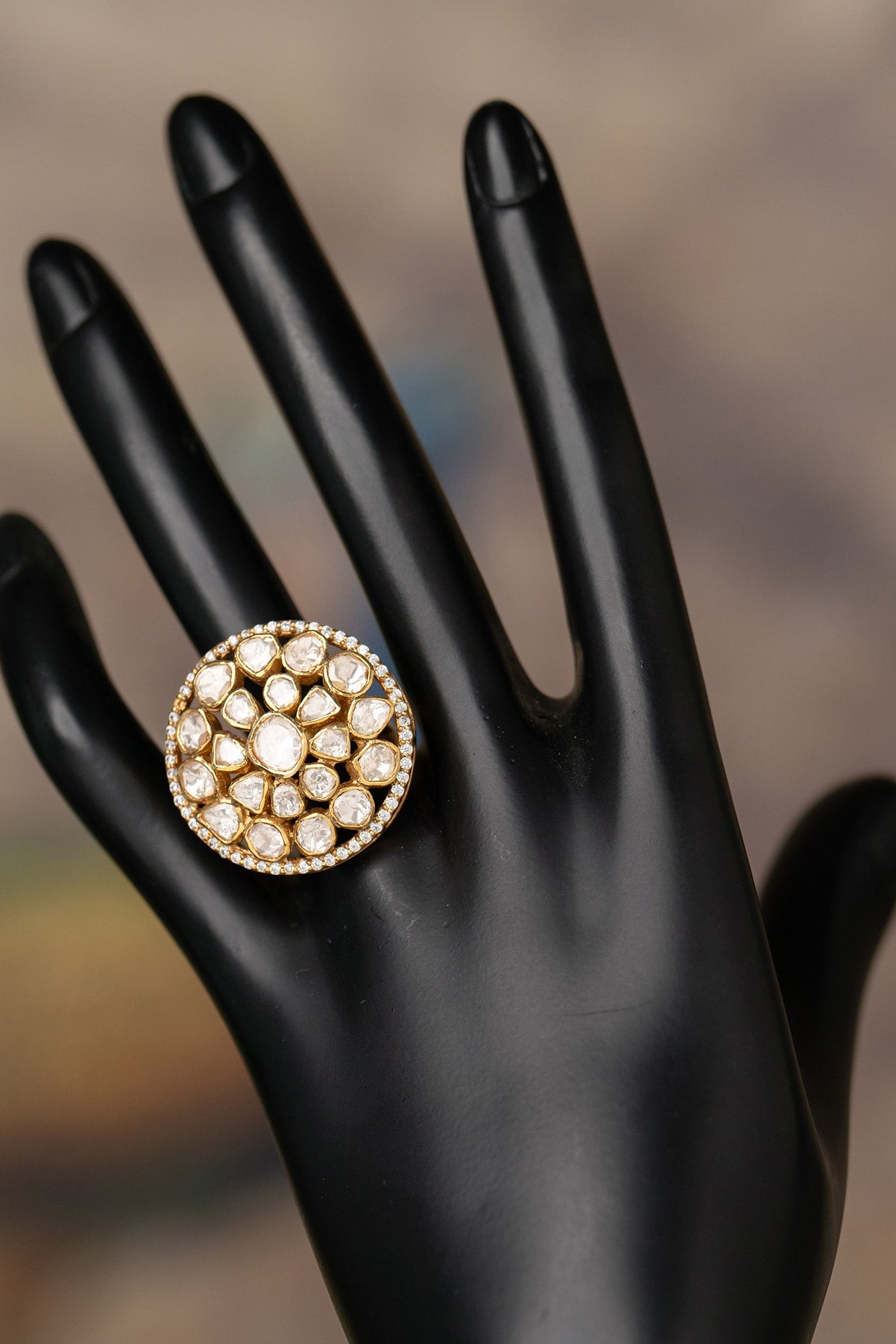 Gold Plated Kundan Polki Ring In Sterling Silver