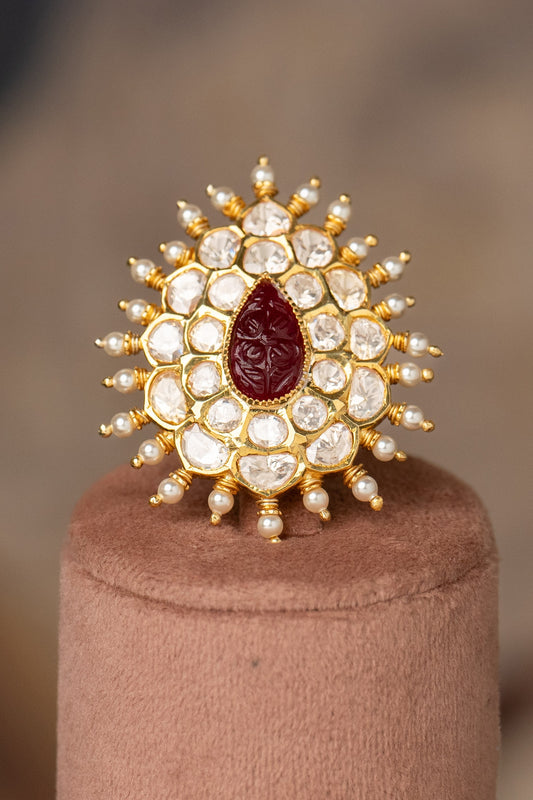 Gold Plated Kundan Polki & Ruby Stone Ring In Sterling Silver