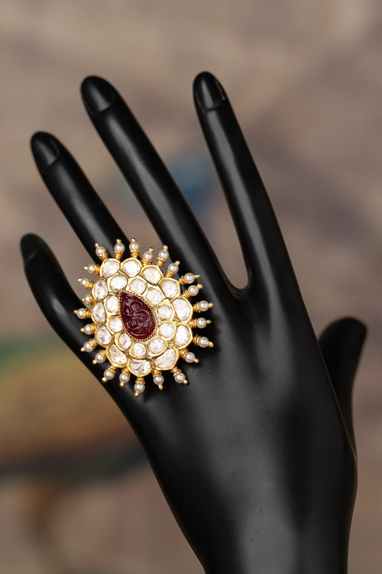 Gold Plated Kundan Polki & Ruby Stone Ring In Sterling Silver