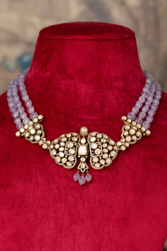 Gold Finish Kundan Polki Necklace In Sterling Silver