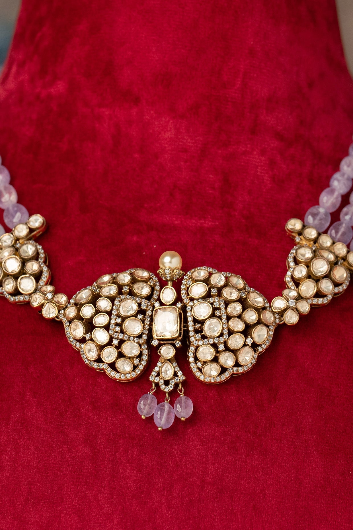 Gold Finish Kundan Polki Necklace In Sterling Silver